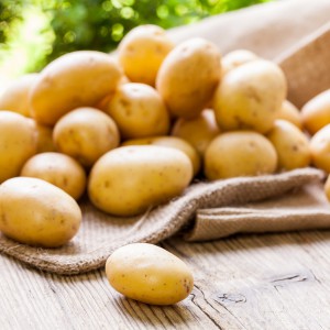 Farm fresh baby potatoes displayed on a hessian sack on a rustic wooden table at farmers market a healthy nutritious root vegetable popular in vegetarian and vegan cuisine
** Note: Shallow depth of field